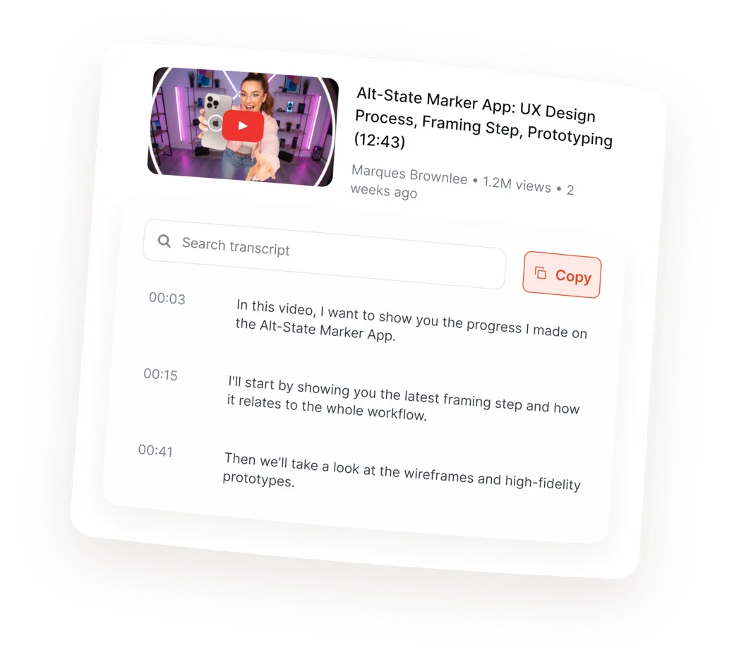 Example of a Saido transcript: video title, search box, a Copy button and timestamped paragraphs.